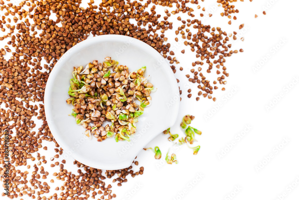 Germinated green buckwheat in a white bowl and croup on a white background. Vegetarianism. Vitamins. Fagopyrum Germinated green buckwheat in a white bowl and croup on a white background. Vegetarianism. Vitamins. Fagopyrum