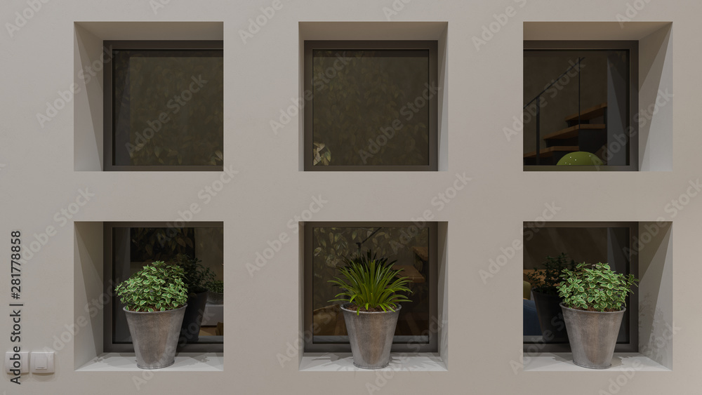 Small Windows with Potted Plants in the Nighttime 3D Rendering