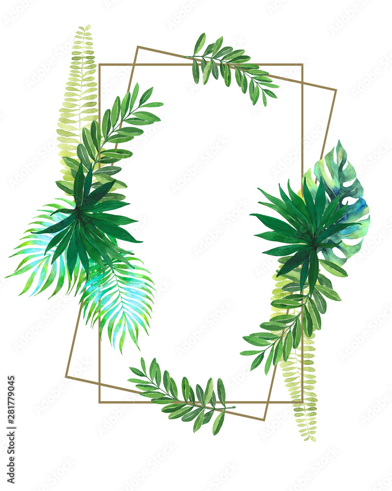 Watercolor tropical frame. Wedding invitation. Exotic plants. Green ...