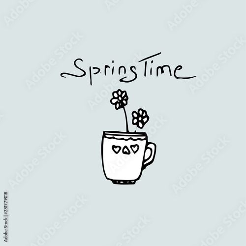 Spring Time  hand sketched logotype  flowers and cup