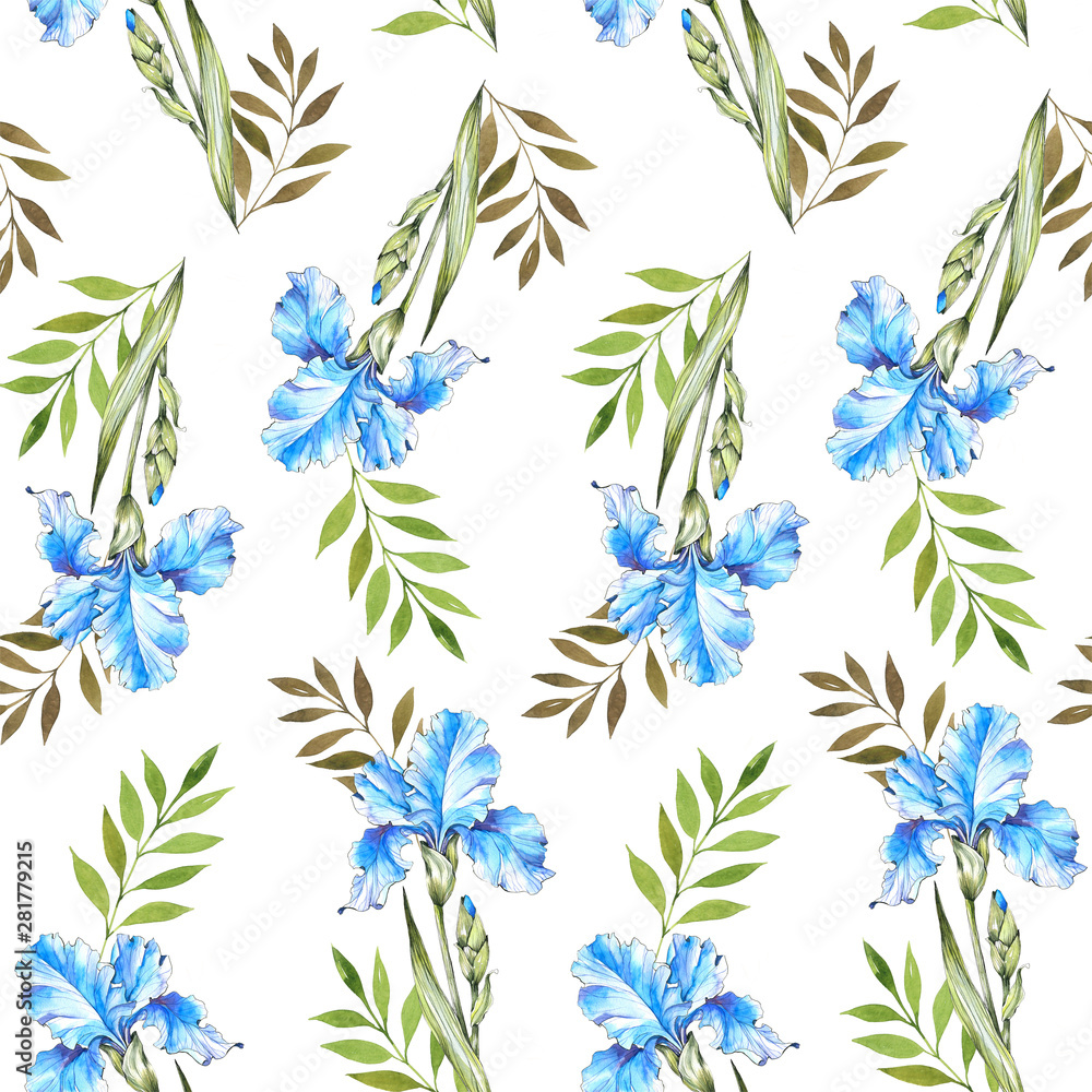 Watercolortercolor botanical print. Flower pattern. Wrapping paper. Textile design. Floral background, blue irises. green foliage. Plants