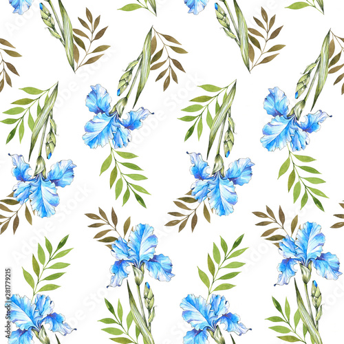 Watercolortercolor botanical print. Flower pattern. Wrapping paper. Textile design. Floral background, blue irises. green foliage. Plants