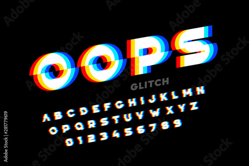 Glitch style font design, distorted alphabet, letters and numbers