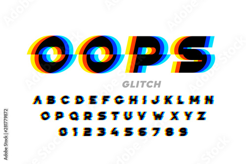 Glitch style font design, distorted alphabet, letters and numbers