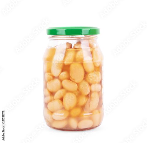 cans with beans on white background