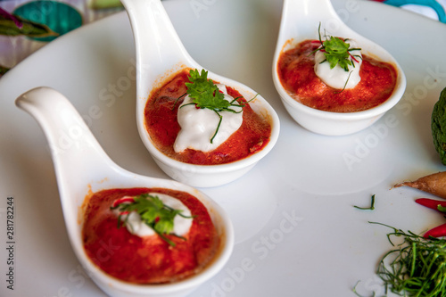 Hot curry decorated with vegetable use for poster restaurant and web background.