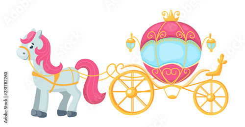 Smiling cute pony with pink mane and gold coach. Beautiful horse and royal carriage.  Vector flat illustration for children.