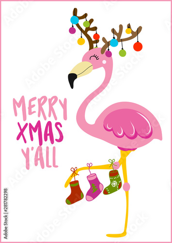 Merry Xmas Y'all - Calligraphy phrase for Christmas with cute flamingo girl. Hand drawn lettering for Xmas greetings cards, invitations. Good for t-shirt, mug, scrap booking, gift.