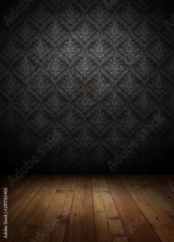 dark interior room with baroque wallpaper.