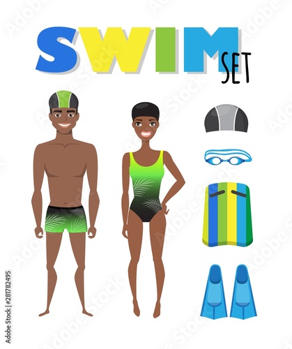Swimming infographic elements. Set of swim icons. Black, african, american people in bathing suits. Accessories for swimming. Vector flat cartoon illustration.