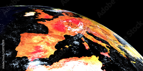 Heatwave over Europe. Extremely detailed and realistic high resolution 3d illustration. Shot from Space. Elements of this image are furnished by NASA