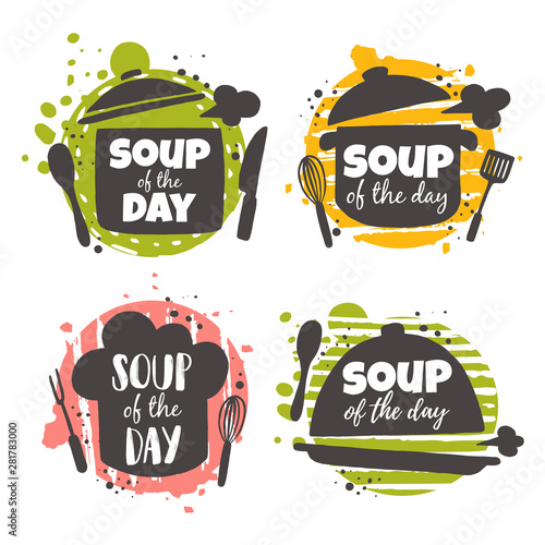 Soup of the day icons set. Food concept design. Hand drawn vector illustration. Can be used for cafe, market, menu, shop, barbeque, bar, restaurant, poster, label, sticker, logo