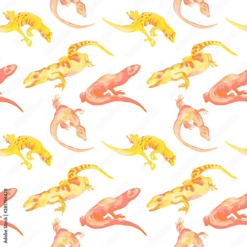 Watercolor hand drawn seamless pattern of different shape sand color lizards on white background. Design for children illustration, backgrounds, packaging, decor and textile.