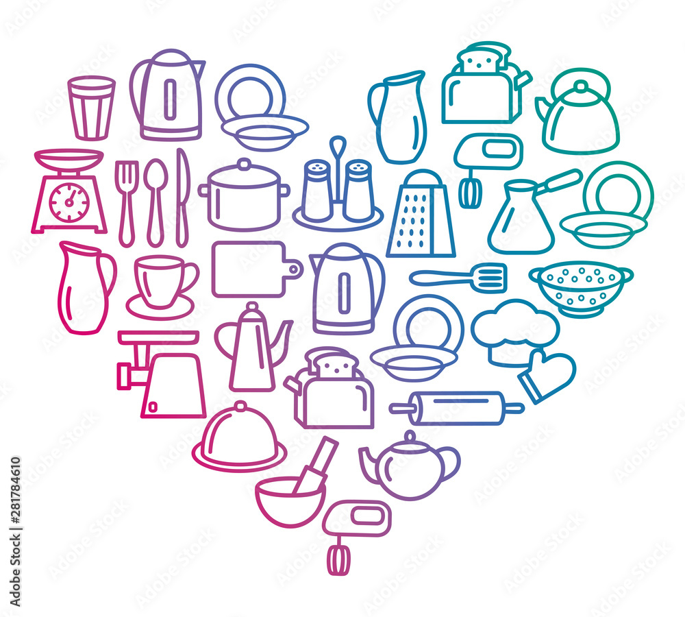 Cooking set of kitchenware line icons in heart Cooking set of kitchenware line icons in heart