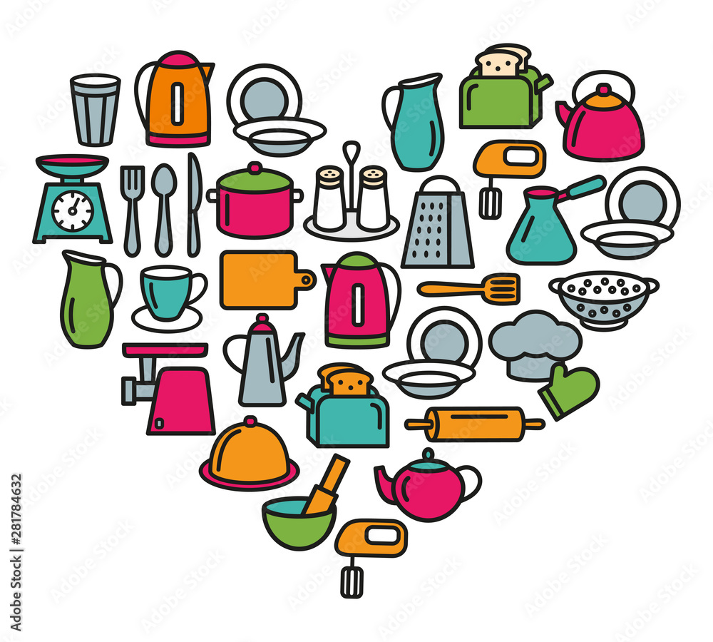 Cooking set of kitchenware line icons in heart Cooking set of kitchenware line icons in heart