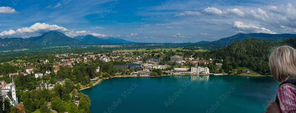 Рanoramic view from the castle on the coast of the turquoise lake Bled,  Slovenia