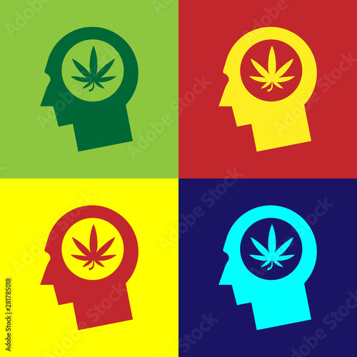 Color Silhouette of male head in profile with marijuana or cannabis leaf icon isolated on color background. Marijuana legalization. Hemp symbol. Vector Illustration
