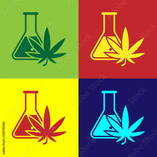 Color Chemical test tube with marijuana or cannabis leaf icon isolated on color background. Research concept. Laboratory CBD oil concept. Vector Illustration