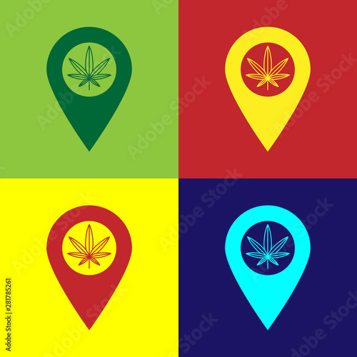 Color Map pointer and marijuana or cannabis leaf icon isolated on color background. Hemp symbol. Vector Illustration