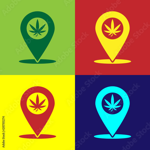 Color Map pointer and marijuana or cannabis leaf icon isolated on color background. Hemp symbol. Vector Illustration