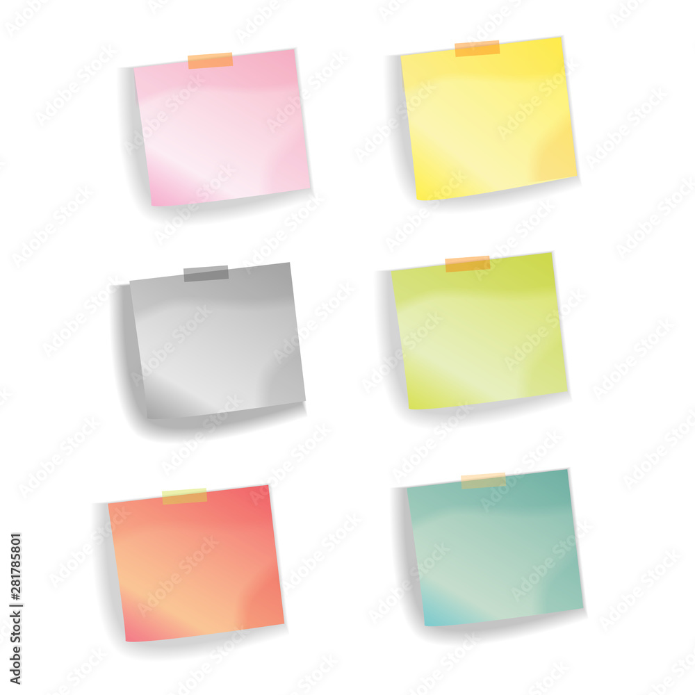 Set of notes with shadow, pinned adhesive tape, ready for your use. Notice board element. Perfect for back to school or business design theme. Isolated on white background. Front view. 
