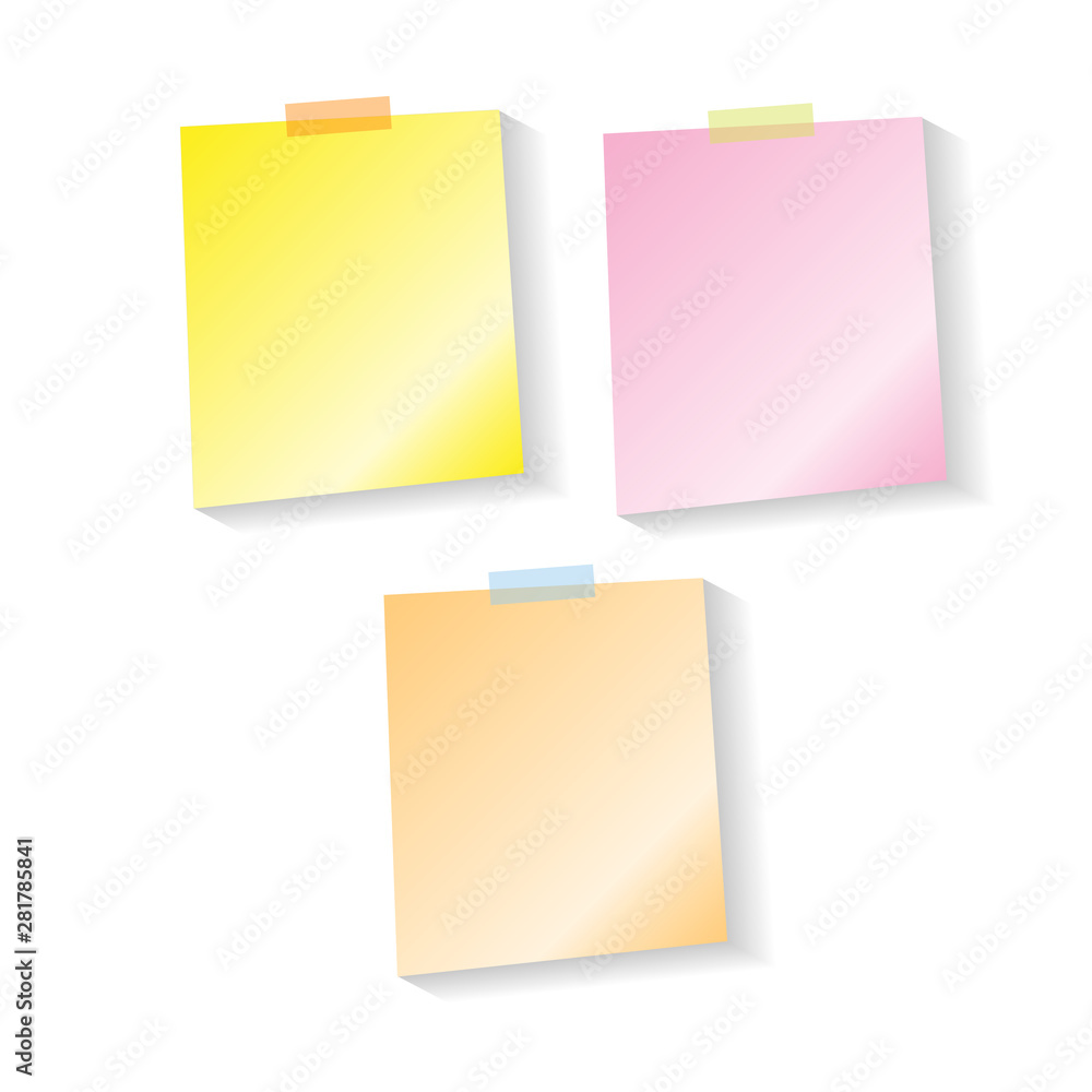 Yellow, orange and pink notes with shadow, pinned adhesive tape, ready for your use. Notice board element. Perfect for back to school or business design theme. Isolated on white background. Front view Yellow, orange and pink notes with shadow, pinned adhesive tape, ready for your use. Notice board element. Perfect for back to school or business design theme. Isolated on white background. Front view