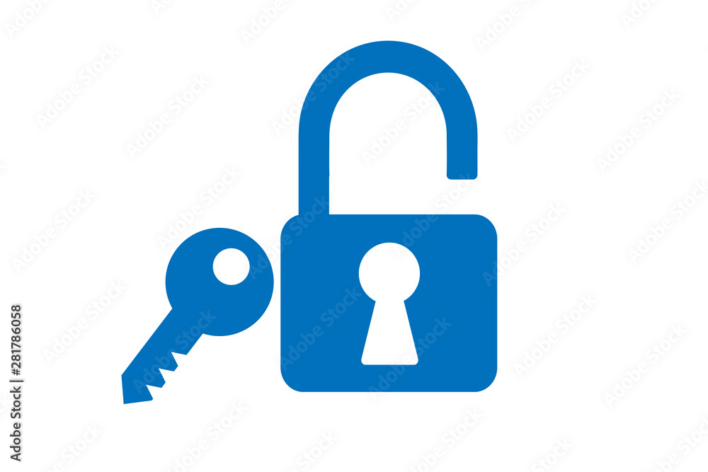 lock with key icon, safe and security icon (blue version) on white background lock with key icon, safe and security icon (blue version) on white background