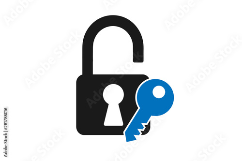 lock with key icon, safe and security icon (blue version) on white background 