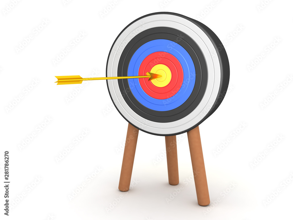 3D Rendering of golden arrow hitting the center of a target 3D Rendering of golden arrow hitting the center of a target