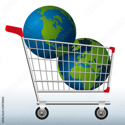 Concept de l’exploitation excessive des ressources naturelles de la terre avec deux planètes dans un caddie pour symboliser le danger.