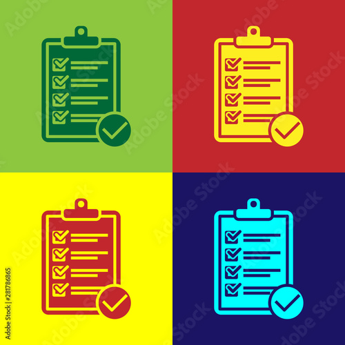 Color Verification of delivery list clipboard and pen icon isolated on color background. Vector Illustration