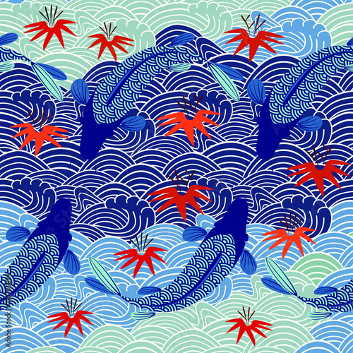 Carp, red fish, goldfish. Traditional eastern seamless pattern. Waves pattern. Vector. © yulyyulia