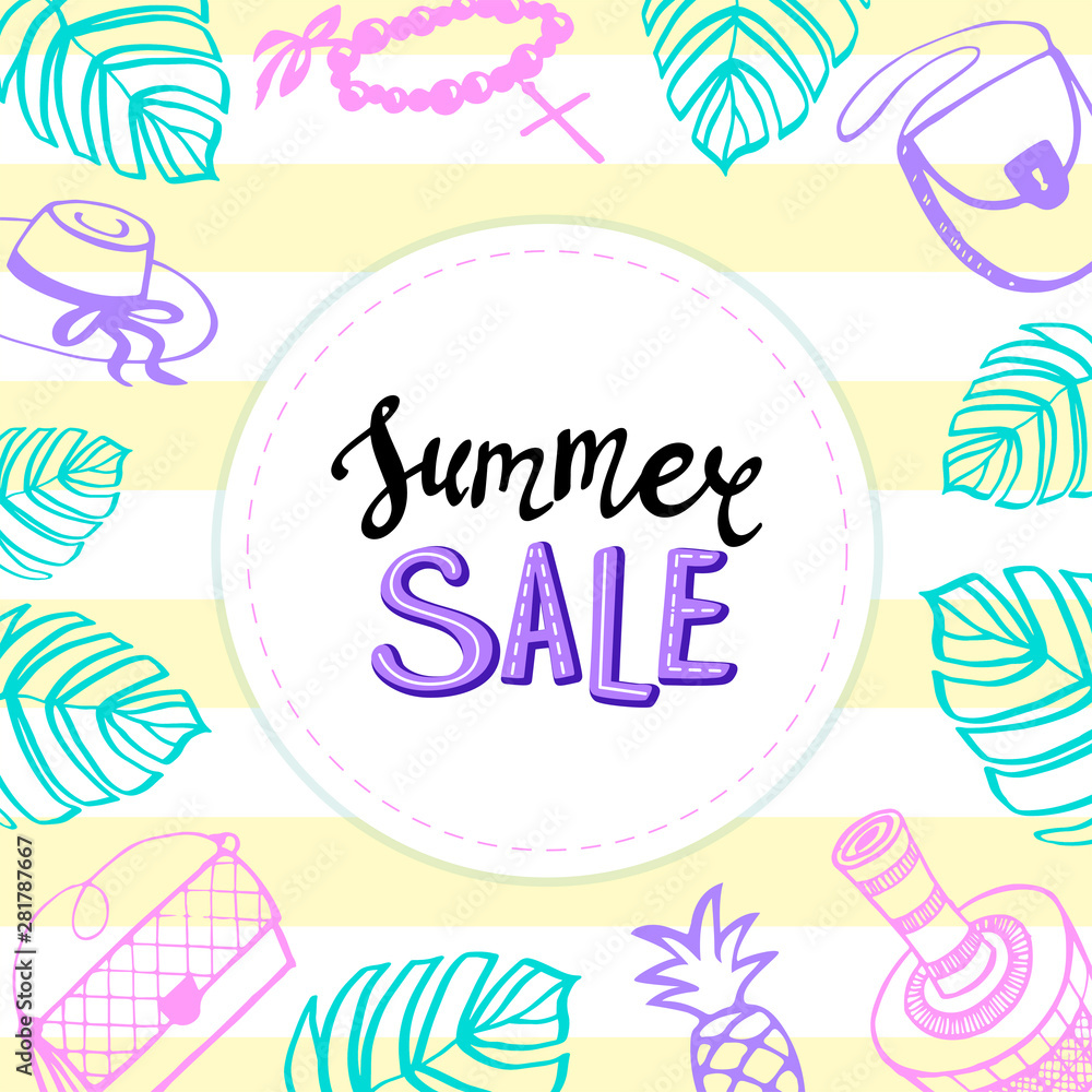 Summer sale, banner template with lettering. Accessories for women. Seasonal discounts and total sale. Jewelry, perfume, wear, bags and woman stuff. Fashion theme. Stock vector illustration