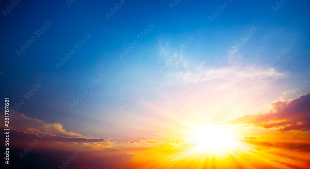 red sunset, bright summer background with sun rays