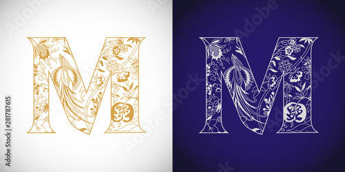 M logotype. Cutting golden logo. M-name idea. Concept of capital letter M in ethnical vip style. Isolated abstract graphic design template. Decorative symbol, royal fairy bird, grape. Brand identity.