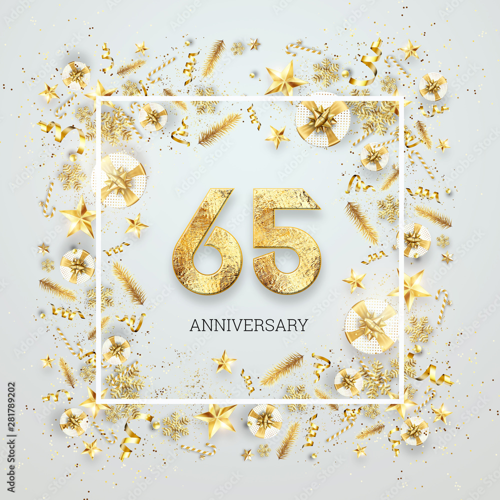 Creative background, 65th anniversary. Celebration of golden text and confetti on a light background with numbers, frame. Anniversary celebration template, flyer. 3D illustration, 3D render Creative background, 65th anniversary. Celebration of golden text and confetti on a light background with numbers, frame. Anniversary celebration template, flyer. 3D illustration, 3D render