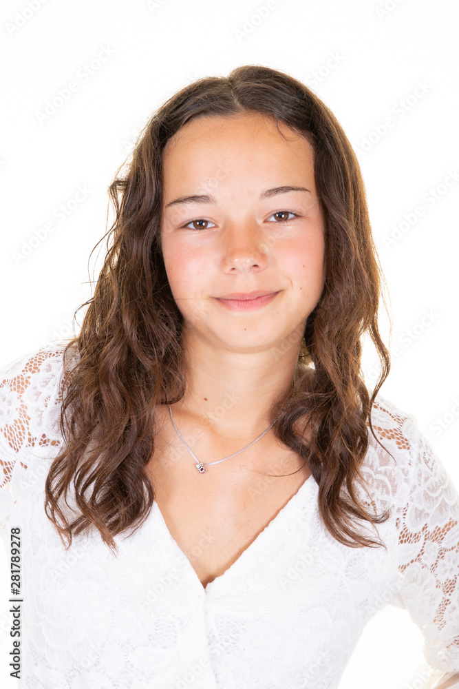 Portrait of cheerful pretty brunette teen young woman with long wavy hair wears t shirt isolated over white background Portrait of cheerful pretty brunette teen young woman with long wavy hair wears t shirt isolated over white background
