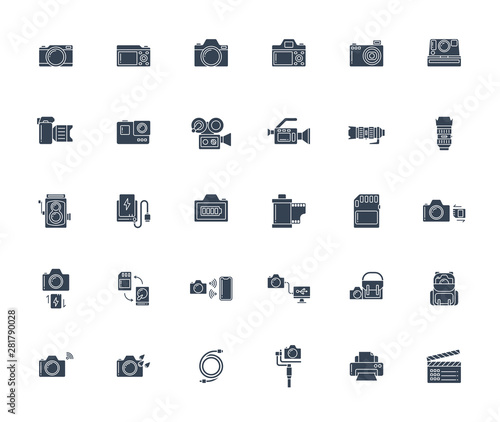 Solid or glyph design icon set of photography camera, cinema or movie camera, action camera and accessories concept. 128x128 pixel perfect icon when downsize to 1468x1240.