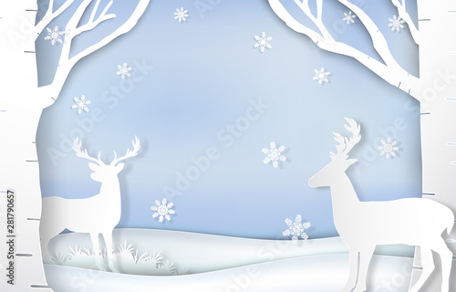 Paper art of reindeer and snowflake Christmas background