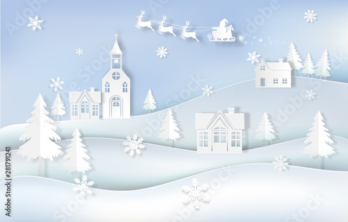 Winter holiday Santa and deer in village with snowflake. Christmas season paper art style illustration.