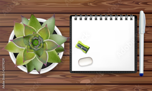Note poster Vector. Promotion banner concept. White notesbook and green cactu...