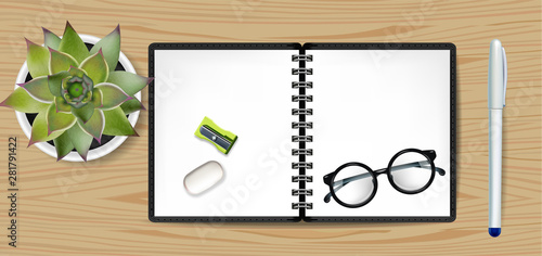 Copybook Vector realistic. White notesbook and green cactus on wooden textures