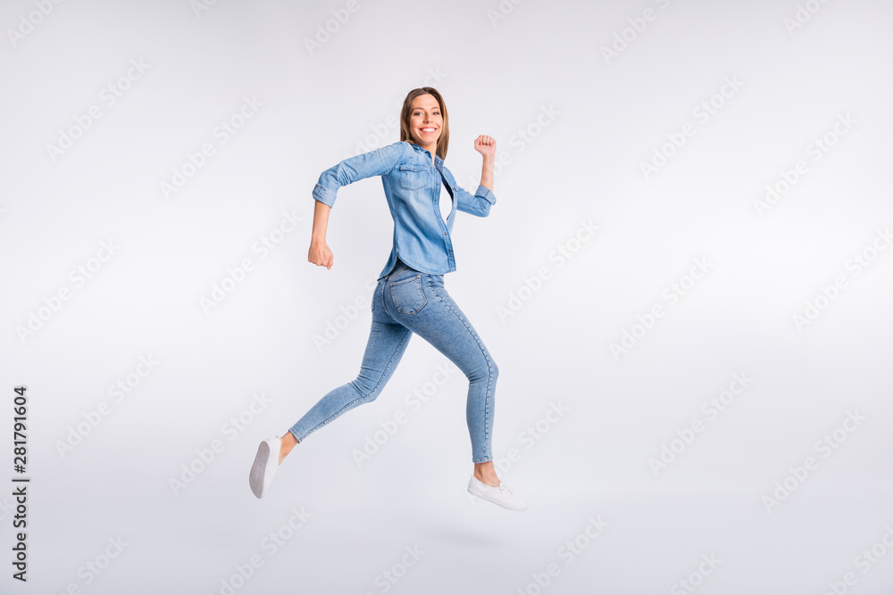 Full length size body photo of excited optimistic cheerful girl having free time to go to mall isolated grey background