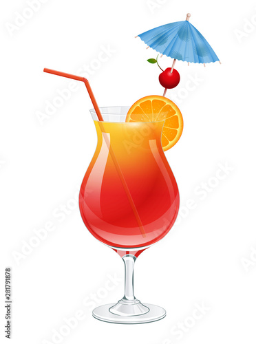 Tequila sunrise cocktail with cherry, slice of orange, party umbrella and red straw tube decoration. Isolated on white background vector illustration.
