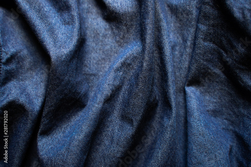 Navy blue fabric texture background top view. Crumpled Cloth Blank Background