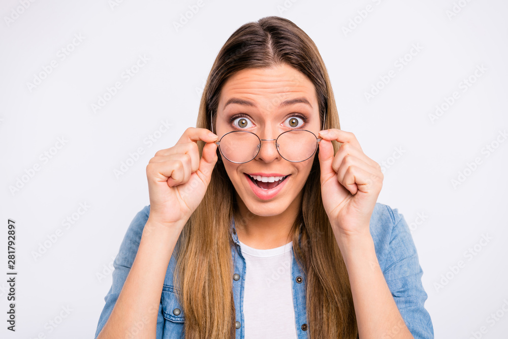 Close up photo portrait of pretty cute dream dreamy lady adjusting touching specs isolated grey background Close up photo portrait of pretty cute dream dreamy lady adjusting touching specs isolated grey background