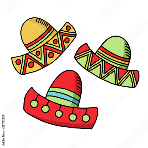 Cinco de mayo funny festive accessory and wearing sombrero or mexican hat. Latin american celebration of 5th of May with flags and flowers, cactus. Festive Mexican clipart