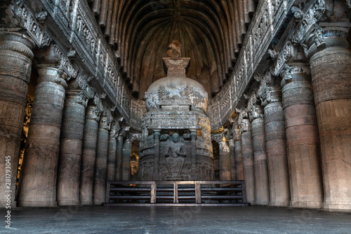 Aurangabad/India-06.02.2019:The view inside old hindu cave temple in India
