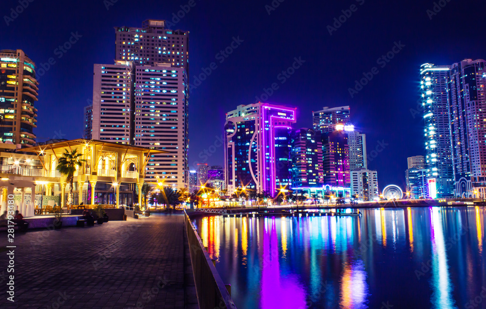 Sharjah skyline at night, United Arab Emirates