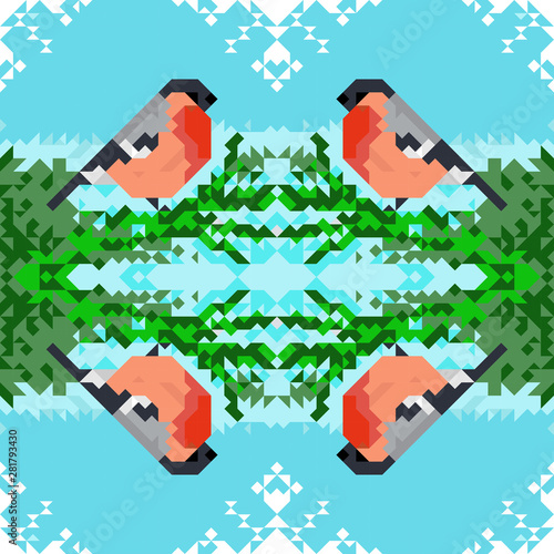 Seamless pattern with bullfinches on a fir branch and snowflakes on a blue background in mosaic technique. Winter holidays concept